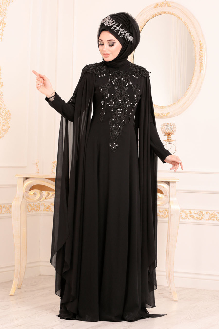 Noir -Tesettürlü Abiye Elbise -Robe de Soirée Hijab 3041S