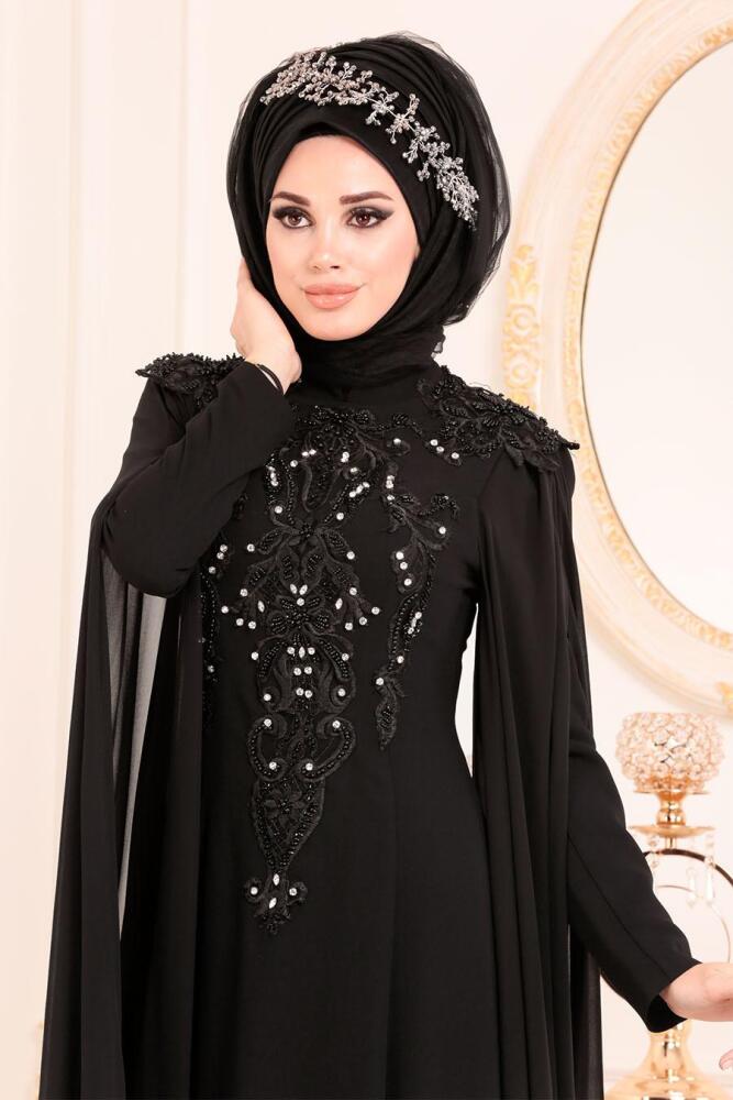 Noir -Tesettürlü Abiye Elbise -Robe de Soirée Hijab 3041S - 2