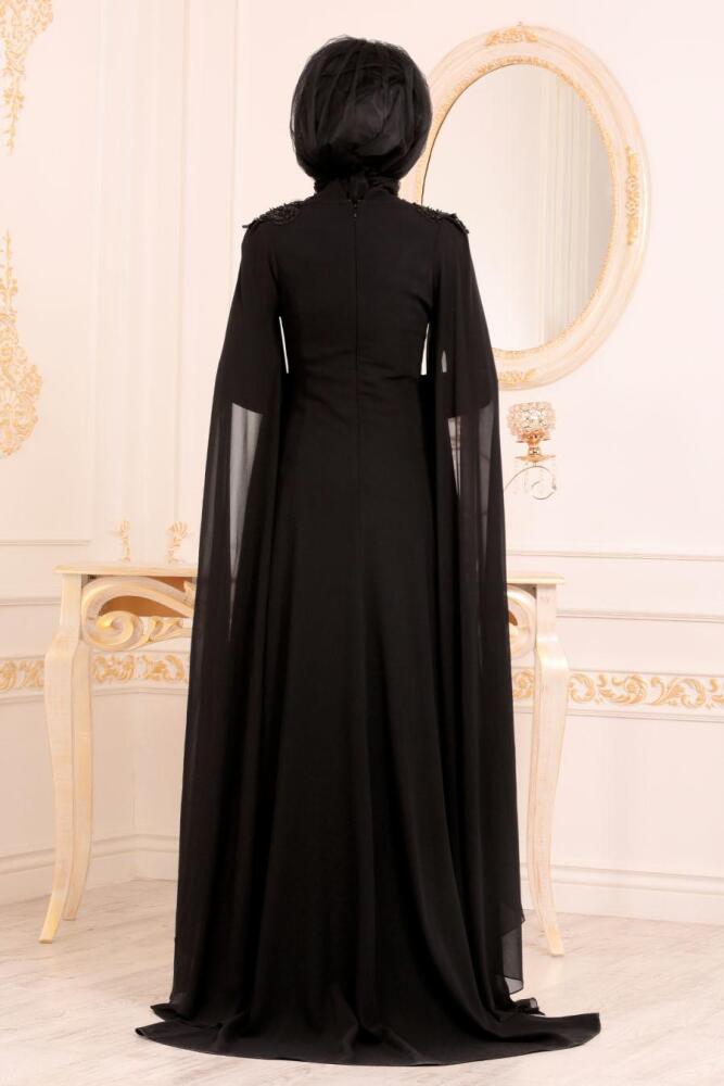 Noir -Tesettürlü Abiye Elbise -Robe de Soirée Hijab 3041S - 4