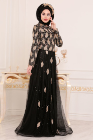 Noir-Tesettürlü Abiye Elbise - Robe de Soirée Hijab 3122S - Thumbnail