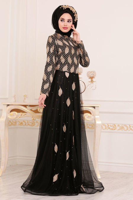 Noir-Tesettürlü Abiye Elbise - Robe de Soirée Hijab 3122S