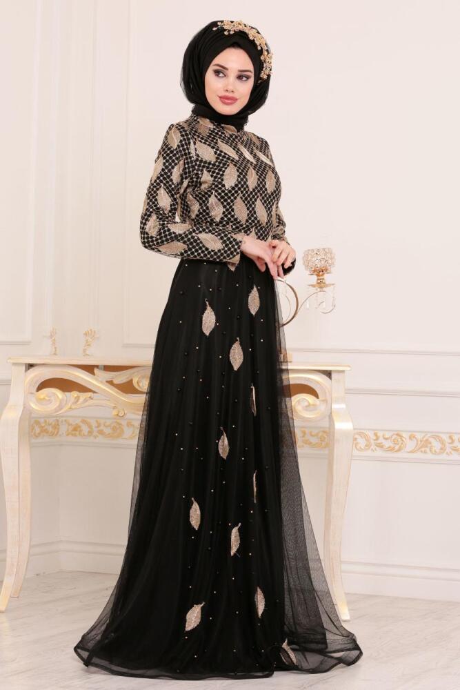 Noir-Tesettürlü Abiye Elbise - Robe de Soirée Hijab 3122S - 3