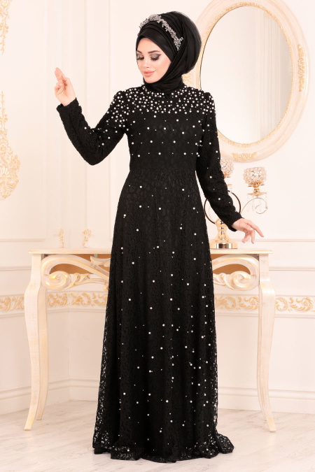 Noir-Tesettürlü Abiye Elbise - Robe de Soirée Hijab 3130S