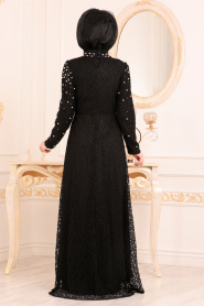Noir-Tesettürlü Abiye Elbise - Robe de Soirée Hijab 3130S - Thumbnail