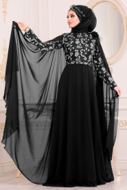 Noir-Tesettürlü Abiye Elbise - Robe de Soirée Hijab 3285S - Thumbnail