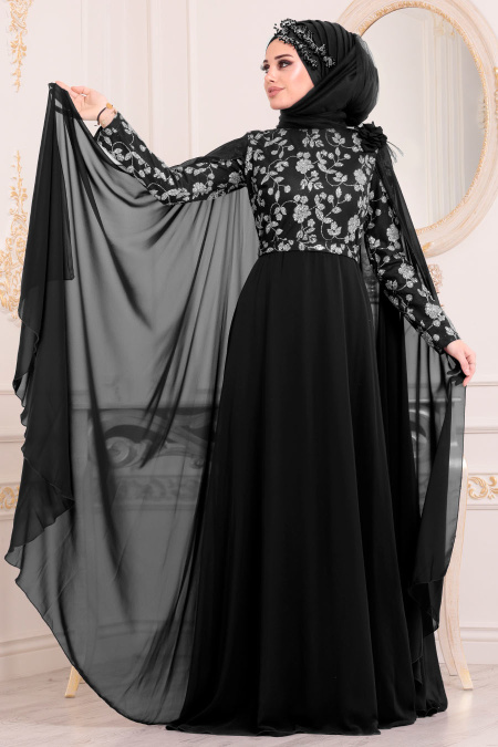 Noir-Tesettürlü Abiye Elbise - Robe de Soirée Hijab 3285S