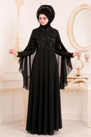Noir-Tesettürlü Abiye Elbise - Robe de Soirée Hijab 3293S - Thumbnail