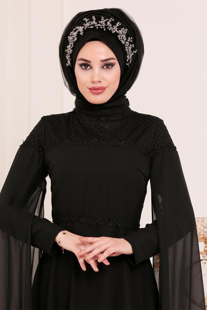 Noir-Tesettürlü Abiye Elbise - Robe de Soirée Hijab 3294S - 2