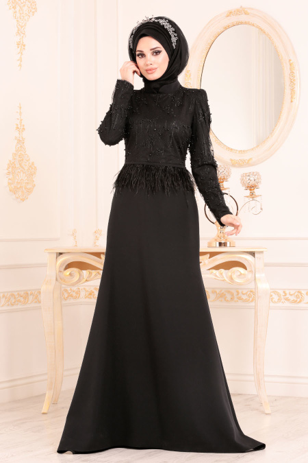 Noir - Tesettürlü Abiye Elbise - Robe de Soirée Hijab 36361S