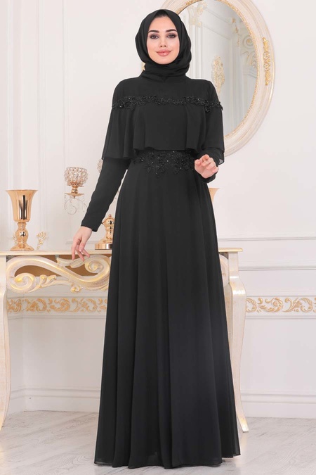 Noir-Tesettürlü Abiye Elbise - Robe de Soirée Hijab 36640S