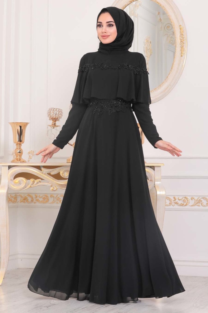 Noir-Tesettürlü Abiye Elbise - Robe de Soirée Hijab 36640S - 2