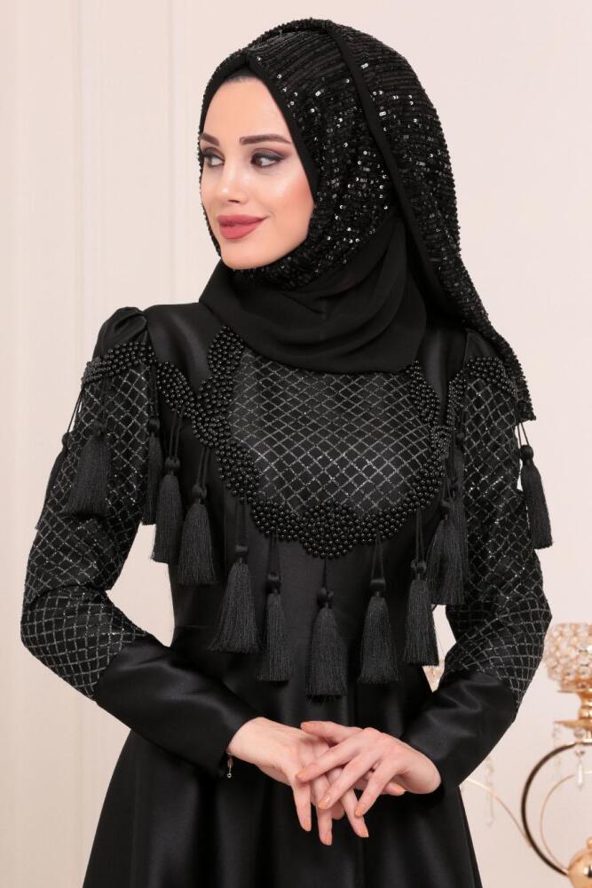 Noir-Tesettürlü Abiye Elbise - Robe de Soirée Hijab 37160S - 3