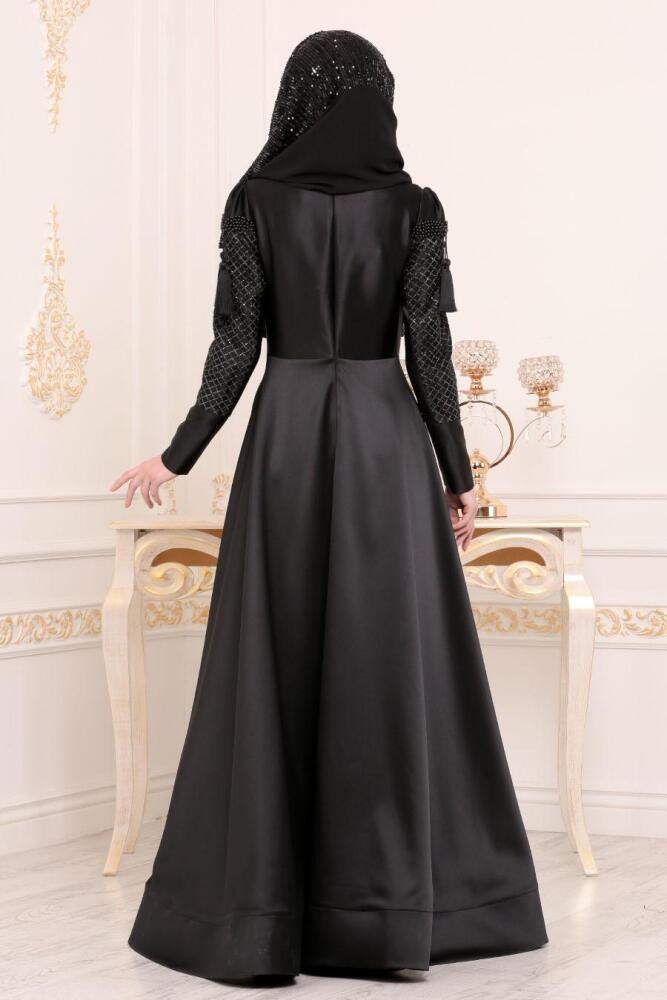 Noir-Tesettürlü Abiye Elbise - Robe de Soirée Hijab 37160S - 4