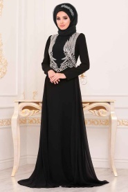 Noir - Tesettürlü Abiye Elbise - Robe de Soirée Hijab - 3721S - Thumbnail