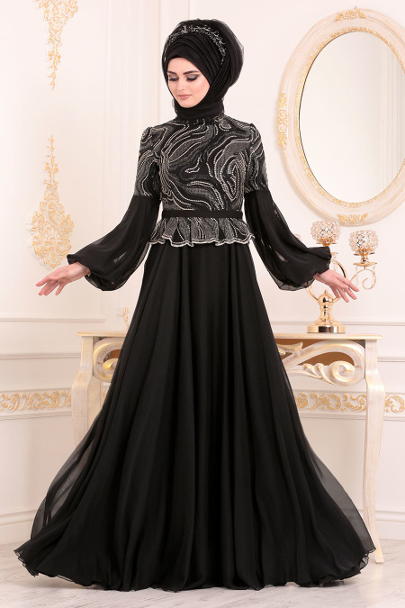 Noir-Tesettürlü Abiye Elbise - Robe de Soirée Hijab 3731S