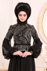 Noir-Tesettürlü Abiye Elbise - Robe de Soirée Hijab 3731S - Thumbnail