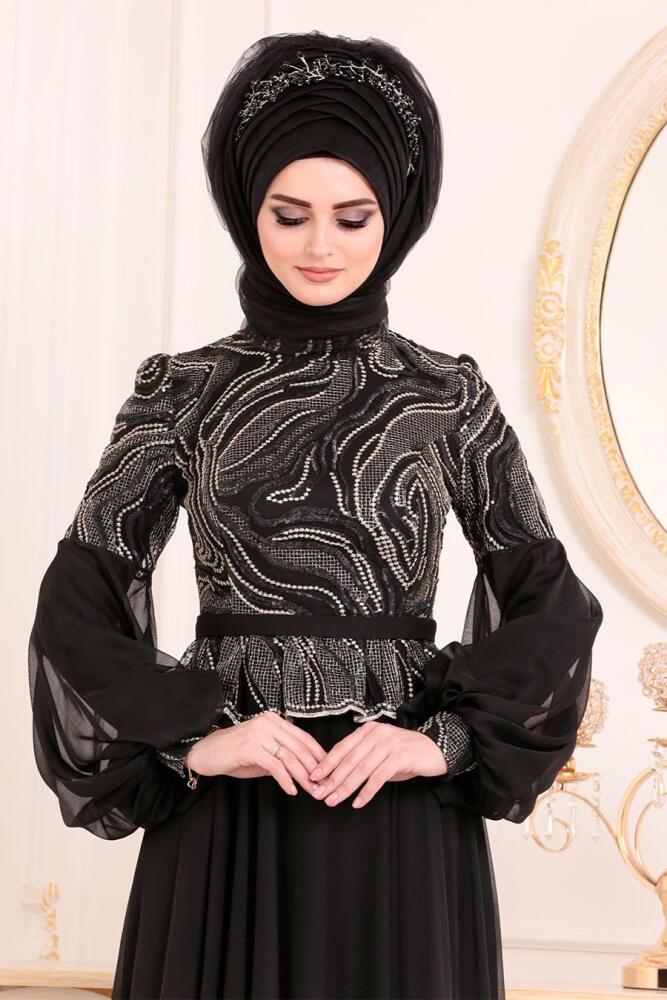 Noir-Tesettürlü Abiye Elbise - Robe de Soirée Hijab 3731S - 2