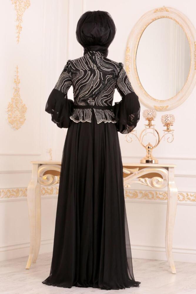 Noir-Tesettürlü Abiye Elbise - Robe de Soirée Hijab 3731S - 3