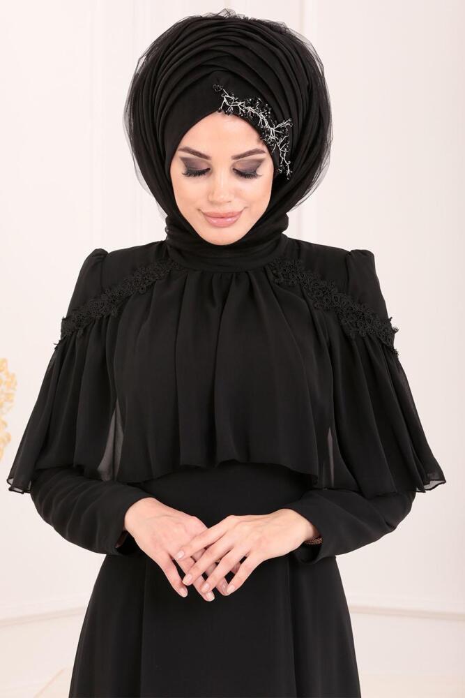 Noir-Tesettürlü Abiye Elbise - Robe de Soirée Hijab 37570S - 2