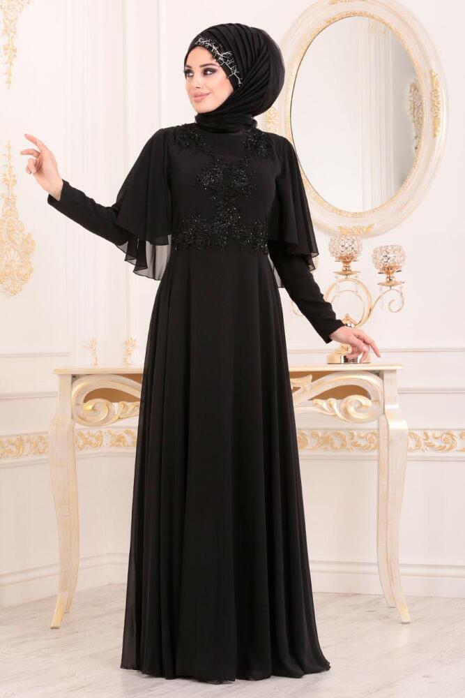 Noir -Tesettürlü Abiye Elbise -Robe de Soirée Hijab 37870S - 2