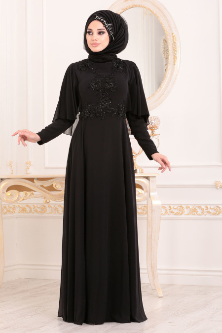 Noir -Tesettürlü Abiye Elbise -Robe de Soirée Hijab 37870S