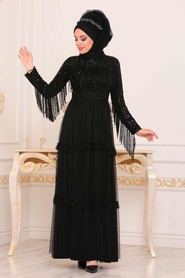 Noir - Tesettürlü Abiye Elbise - Robe de Soirée Hijab - 3823S - Thumbnail