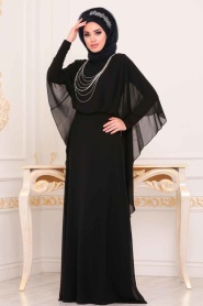 Noir - Tesettürlü Abiye Elbise - Robe de Soirée Hijab - 3829S - Thumbnail
