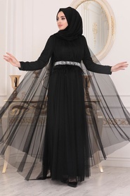 Noir - Tesettürlü Abiye Elbise - Robe de Soirée Hijab - 3906S - Thumbnail