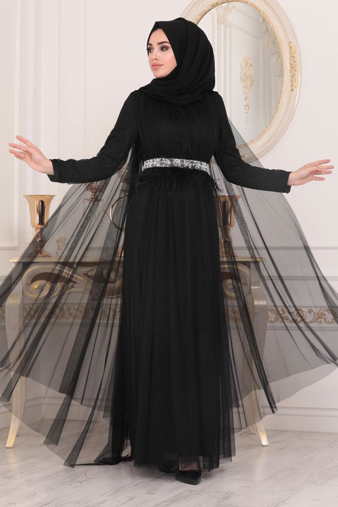 Noir - Tesettürlü Abiye Elbise - Robe de Soirée Hijab - 3906S - 2