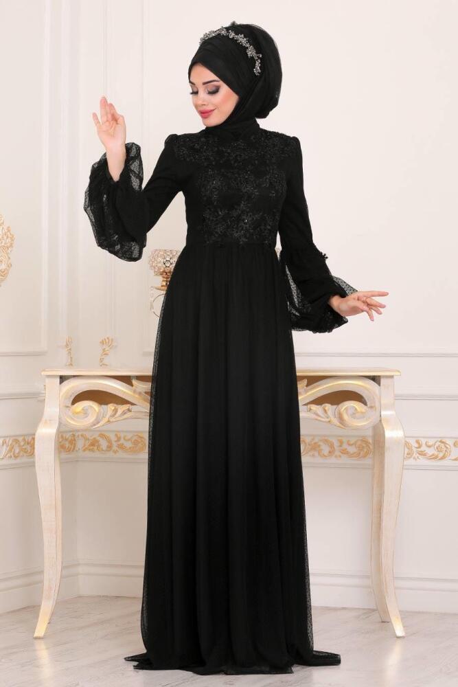Noir - Tesettürlü Abiye Elbise - Robe de Soirée Hijab - 3908S - 1