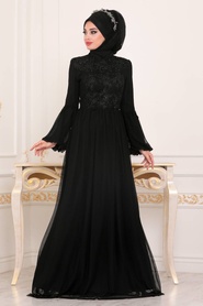 Noir - Tesettürlü Abiye Elbise - Robe de Soirée Hijab - 3908S - Thumbnail