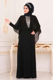 Noir - Tesettürlü Abiye Elbise - Robe de Soirée Hijab - 3909S - Thumbnail