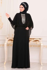 Noir - Tesettürlü Abiye Elbise - Robe de Soirée Hijab - 3909S - Thumbnail