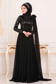 Noir - Tesettürlü Abiye Elbise - Robe de Soirée Hijab - 3928S - Thumbnail
