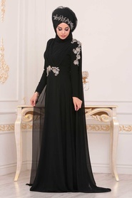 Noir - Tesettürlü Abiye Elbise - Robe de Soirée Hijab - 3937S - Thumbnail
