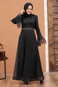 Noir - Tesettürlü Abiye Elbise - Robe de Soirée Hijab - 3938S - Thumbnail