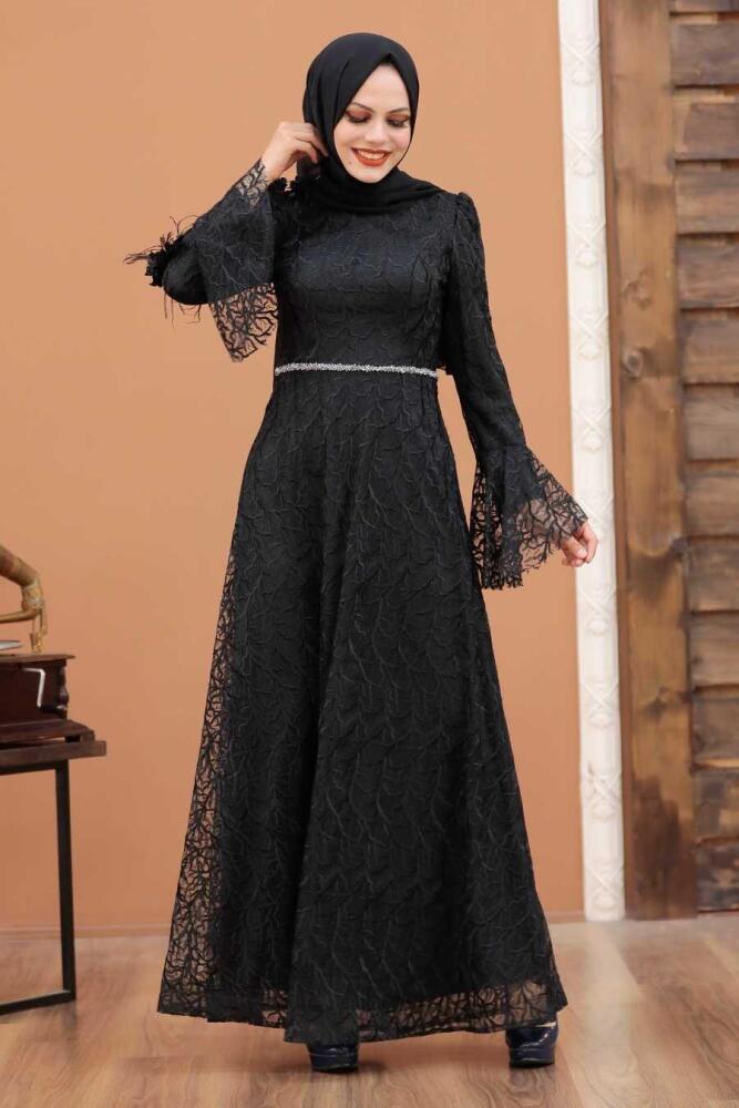 Noir - Tesettürlü Abiye Elbise - Robe de Soirée Hijab - 3938S - 1