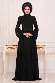 Noir - Tesettürlü Abiye Elbise - Robe de Soirée Hijab - 3939S - Thumbnail