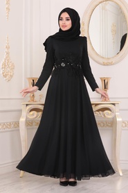 Noir - Tesettürlü Abiye Elbise - Robe de Soirée Hijab - 3945S - Thumbnail
