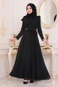 Noir - Tesettürlü Abiye Elbise - Robe de Soirée Hijab - 3945S - Thumbnail