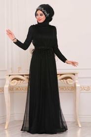 Noir - Tesettürlü Abiye Elbise - Robe de Soirée Hijab - 3965S - Thumbnail