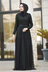 Noir - Tesettürlü Abiye Elbise - Robe de Soirée Hijab - 3980S - Thumbnail