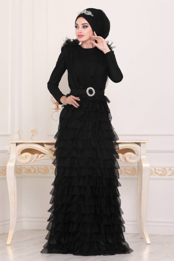 Noir - Tesettürlü Abiye Elbise - Robe de Soirée Hijab - 3981S - 1