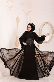 Noir-Tesettürlü Abiye Elbise -Robe de Soirée Hijab 46230S - Thumbnail