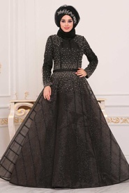 Noir - Tesettürlü Abiye Elbise - Robe de Soirée Hijab - 4691S - Thumbnail