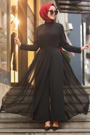 Noir - Tesettürlü Abiye Elbise - Robe de Soirée Hijab - 51182S - Thumbnail