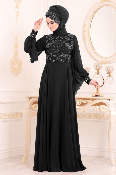 Noir - Tesettürlü Abiye Elbise - Robe de Soirée Hijab 8088S
