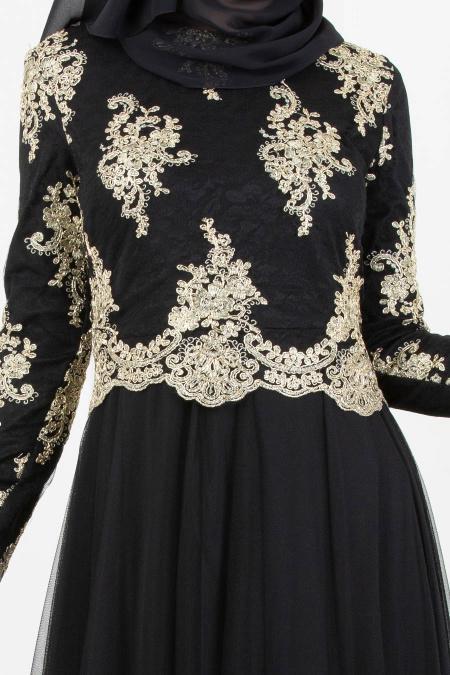 Noir - Tesettürlü Abiye Elbise - Robe de Soirée Hijab 8217S - 2