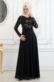 Noir - Tesettürlü Abiye Elbise - Robe de Soirée Hijab 82220S - Thumbnail