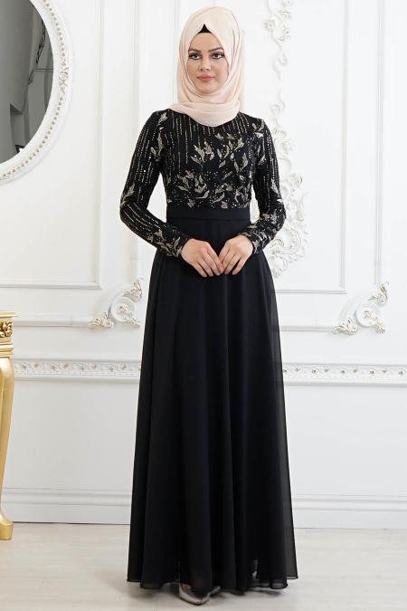 Noir - Tesettürlü Abiye Elbise - Robe de Soirée Hijab 82220S - 3